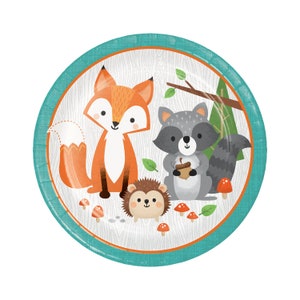 8 Woodland Plates 9", Forest Animal Plates, Baby Shower Plates, Birthday Plates, Baby Fox Plate, Woodland Party, Forest Party, Animal Plates