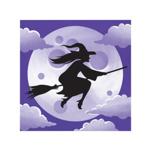 May include: A black silhouette of a witch riding a broomstick against a full moon and cloudy sky. The witch is wearing a pointed hat and flowing dress. The background is a gradient of purple and white, creating a whimsical Halloween scene.