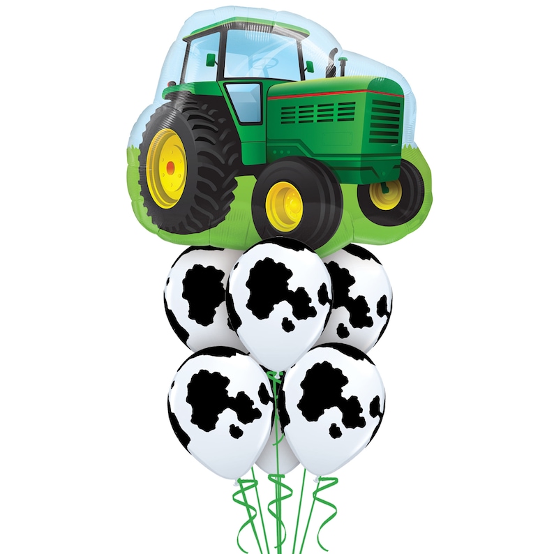 Cow Party Farm Animal Balloon 34 Tractor and Six 11 Balloon Bouquet Foil Mylar Latex Black and White Barnyard Balloon Tractor Party
