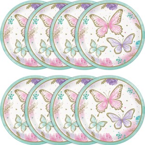 May include: Set of 8 paper plates featuring a white background with a delicate floral pattern, gold accents, and pink and purple butterflies. The plates have a light blue border.