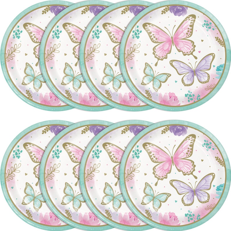 May include: Set of 8 paper plates featuring a white background with a delicate floral pattern, gold accents, and pink and purple butterflies. The plates have a light blue border.