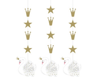 May include: Three gold and white hanging decorations with alternating stars and crowns. Each decoration features a white swan with gold glitter accents.