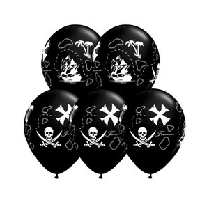 May include: Six black latex balloons with white pirate-themed designs. The balloons feature a skull and crossbones, a treasure map, and a pirate ship.