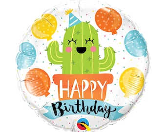 Smiling Happy Birthday Cactus Balloon 18", Fiesta Birthday, Cinco de Mayo, Taco Party, llama, Taco Themed, Chili Peppers, Sombrero Balloon