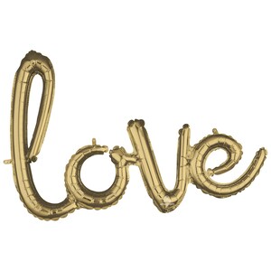 May include: Gold foil balloon letters spelling out the word "love".