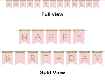 May include: Pink and gold Happy Birthday banner with gold letters on pink flags with white polka dots. The banner is strung together with a white string.
