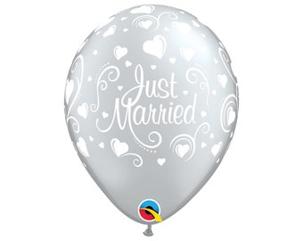 Five Silver Just Married Balloons Latex, Wedding Balloon, Bridal Balloon, Wedding Celebration, Heart Balloon, Team Bride, Heart Balloon