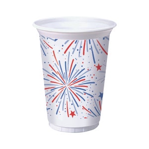 8 Fireworks Plastic Cups 16 oz, Fireworks Party, 4th of July, Red White and Blue, USA Cups, Firecracker Cups, Patriotic Cups, USA Decoration image 1