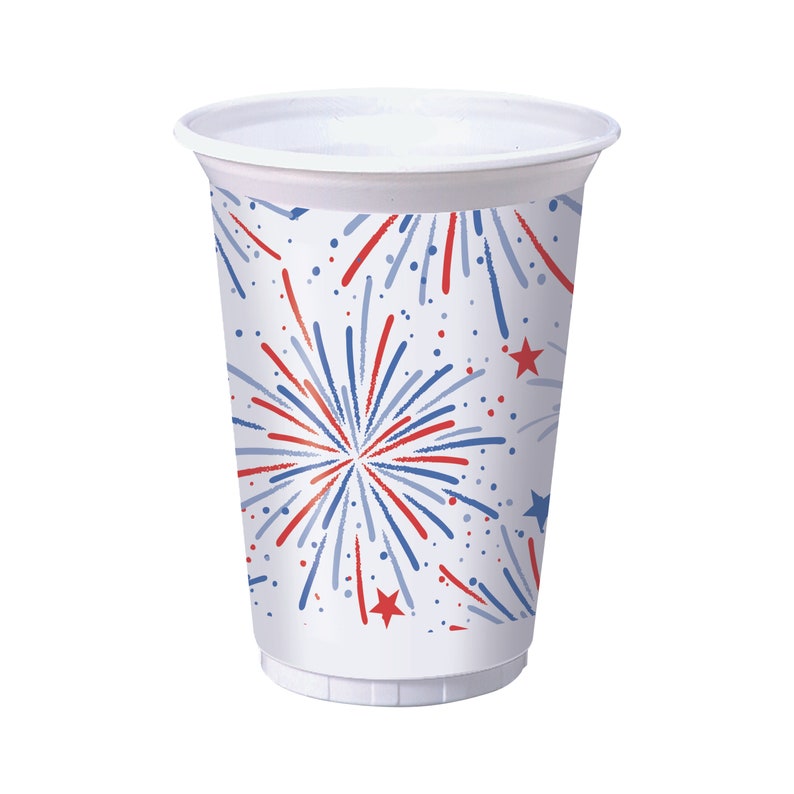 8 Fireworks Plastic Cups 16 oz, Fireworks Party, 4th of July, Red White and Blue, USA Cups, Firecracker Cups, Patriotic Cups, USA Decoration afbeelding 1