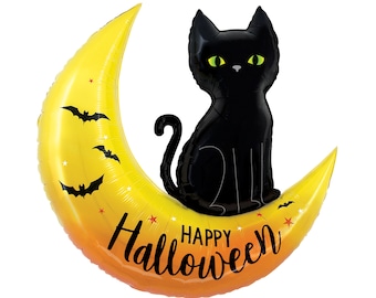 Halloween Cat on Moon Balloon 41", Halloween Decor, Halloween Black Cat, Halloween Moon, Halloween Balloon, Halloween Party, Happy Halloween