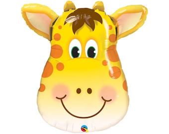 May include: A yellow and orange giraffe balloon with a smiling face, brown hair, and large green eyes.