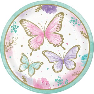 May include: A set of paper plates featuring a watercolor design of butterflies and flowers in shades of pink, purple, and green. The plates have a gold rim and are perfect for a spring or summer party.