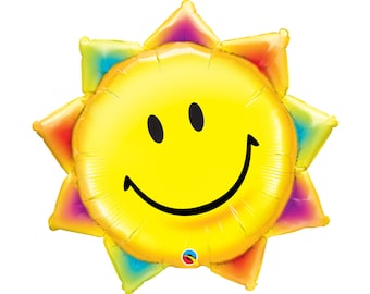 Rainbow Sun Balloon Foil Mylar 35", Baby Shower Balloon, Summer Balloon, Smiley Sunshine Balloon Party, Sun Party, Happy Sunshine Balloon