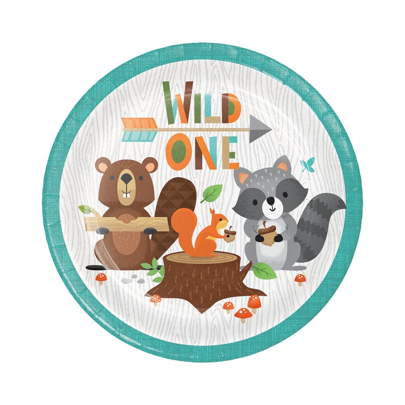 Wild One Plates 7 Forest Animal Plates Baby Shower Plates Birthday Plates 1st Birthday Woodland Plates Woodland Party Animal
