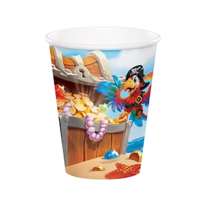 May include: A colorful paper cup with a pirate parrot design. The parrot is wearing a pirate hat and holding a treasure chest full of gold coins and jewels. The cup is perfect for a pirate-themed party.
