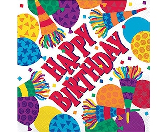 16 Large Happy Birthday Napkins, Confetti Napkins, Balloon Napkins, Birthday Party Napkins, Birthday Tableware, Birthday Decorations