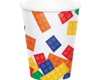 8 Brick Cups 9 oz, Construction  Blocks, Construction Bricks, Building Bricks, Colorful Bricks, Block Decorations, Block Cups, Birthday Cups