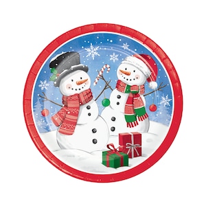 8 Candy Cane Snowman Plates 7&quot;, Christmas Paper Plates, Christmas Party, Christmas Tableware, Holiday Party, Christmas Dinner, Holiday Plate