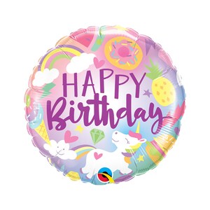 May include: A purple and pink foil balloon with a unicorn, rainbow, and donut design. The balloon says "Happy Birthday" in purple letters.