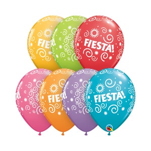 May include: A set of 7 colorful latex balloons with a white swirl design and the word "Fiesta!" printed on them. The balloons are in shades of pink, orange, green, blue, and red.