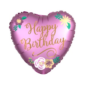 Happy Birthday Pink Flower Balloon 18&quot;, Heart Shaped balloon, Birthday Party Balloon, Pink Birthday balloon, Flower Birthday Balloon