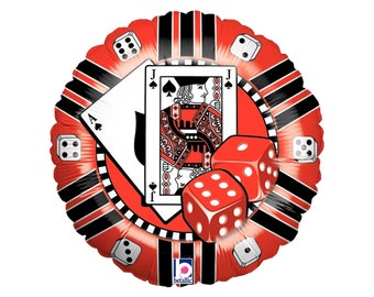 May include: Red and black casino themed balloon with a playing card featuring the Jack of Spades and an Ace of Spades. Three red dice are on the balloon.