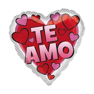 Può includere: Palloncino a forma di cuore rosso con la scritta "TE AMO" in un font a pois. Presenta cuori rosa e un bordo argentato. Perfetto per San Valentino o per esprimere affetto.