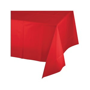 May include: A solid red plastic tablecloth. This tablecloth is perfect for parties and events.
