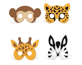 4 Party Animals Masks, Jungle Themed Party, Safari Party, Animal Baby Shower, Woodland Party, Jungle Birthday, Jungle Party Masks, Zoo Masks