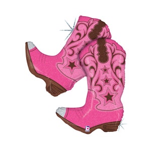 May include: Pink cowboy boot shaped foil balloon with brown accents and stars.