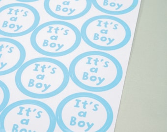50 Its a Boy Stickers, Clear Stickers with Blue writing, 1" wide, Self Sticking Adhesive