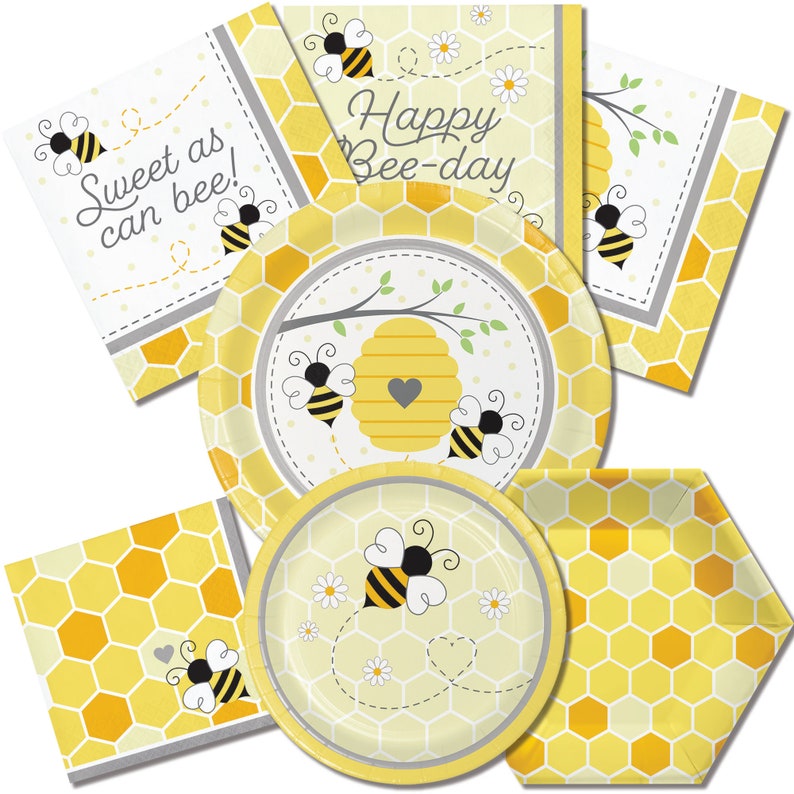 May include: A set of yellow and gray bee-themed party supplies, including plates, napkins, and a banner that reads "Happy Bee-day".