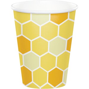 May include: A yellow and white paper cup with a honeycomb pattern. The cup is perfect for serving beverages at a party or event.