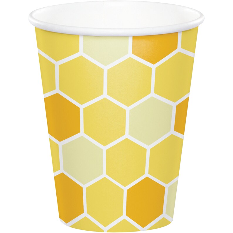 May include: A yellow and white paper cup with a honeycomb pattern. The cup is perfect for serving beverages at a party or event.