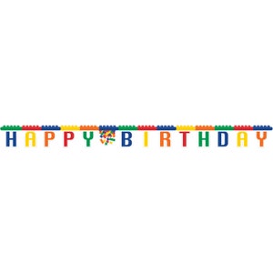Può includere: Uno striscione colorato con le parole "Happy Birthday" scritte in lettere bianche su uno sfondo di mattoncini di plastica colorati.