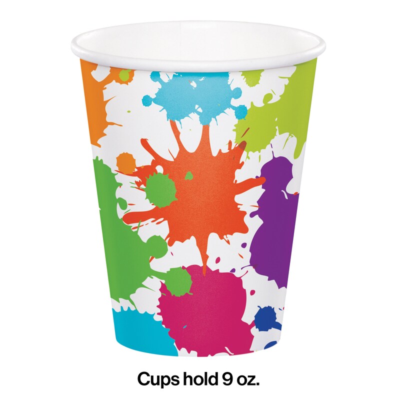 May include: White paper cups with a colorful paint splatter design. Cups hold 9 ounces.