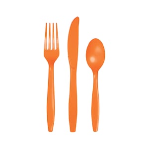 May include: A set of three orange plastic utensils: a fork, a knife, and a spoon.
