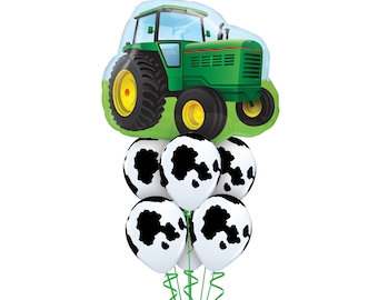 34" Tractor and Six 11" Balloon Bouquet Foil Mylar Latex, Barnyard Balloon, Farm Animal Balloon, Black and White, Tractor Party, Cow Party