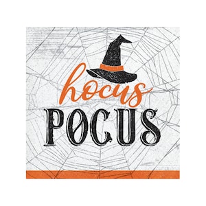 May include: A white background with a black spiderweb pattern and a black witch's hat with an orange band. The text "hocus POCUS" is written in black with a vintage font.