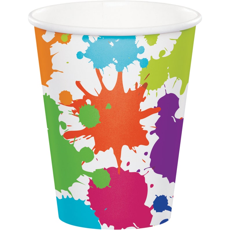 May include: A set of disposable paper cups with a colorful paint splatter design. The cups are white with splashes of orange, green, blue, purple, and pink.