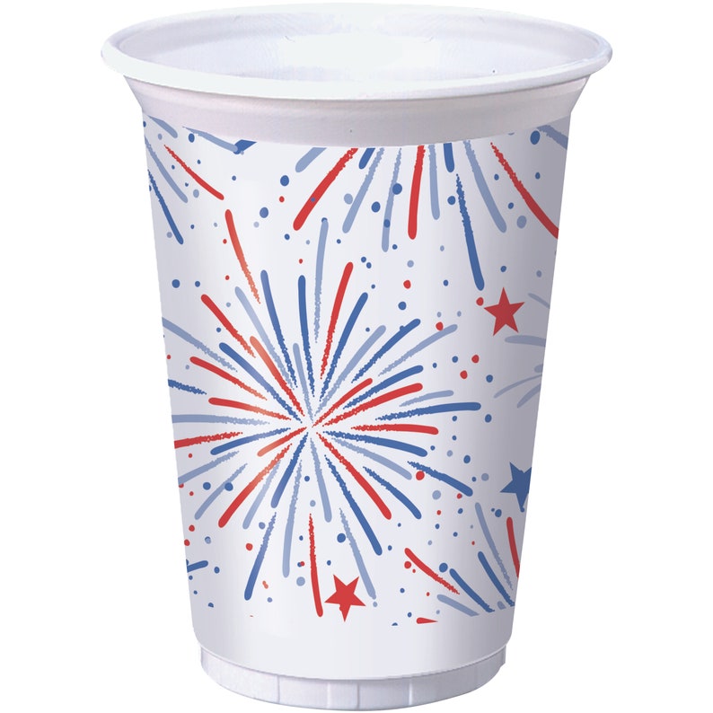 8 Fireworks Plastic Cups 16 oz, Fireworks Party, 4th of July, Red White and Blue, USA Cups, Firecracker Cups, Patriotic Cups, USA Decoration afbeelding 2