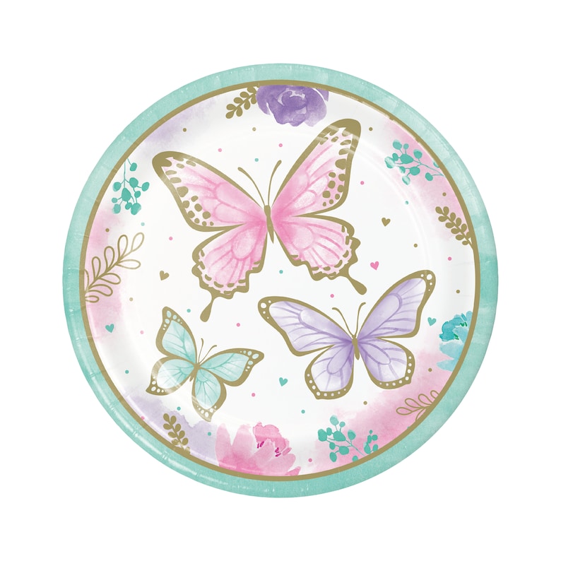 May include: A set of three paper plates with a white background and a teal border. The plates feature a watercolor design of butterflies with pink, purple, and blue wings. The butterflies are surrounded by gold glitter and floral accents.