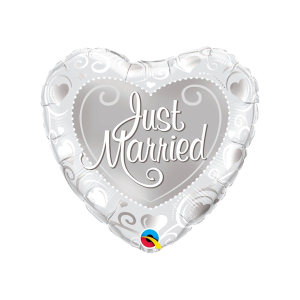 18" Just Married Heart Shaped Balloon Foil Mylar Balloon, Wedding Balloon, Bridal Balloon, Wedding Celebration, Silver Heart Balloon, Event