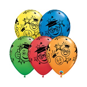 May include: A set of five graduation themed latex balloons. The balloons are yellow, blue, green, red, and orange. Each balloon has a black and white pattern of a smiling face wearing a graduation cap and glasses, a thumbs up, and stars.