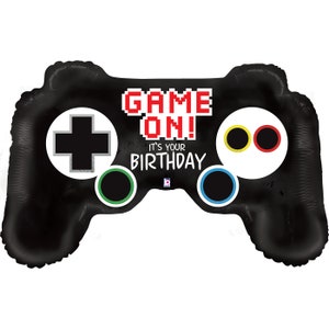 May include: Black and white game controller balloon with the text "GAME ON! It's your birthday" in red and white pixelated letters.