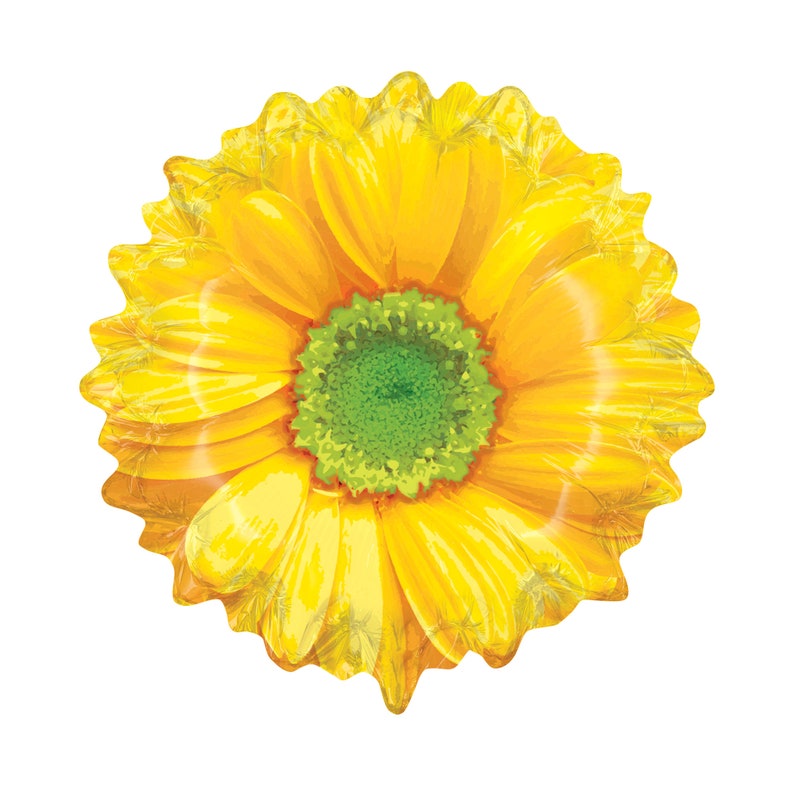 May include: A bright yellow sunflower-shaped balloon with a green center. The balloon has detailed petal shapes and a shiny, reflective surface, perfect for a party or celebration. The balloon is isolated on a white background.