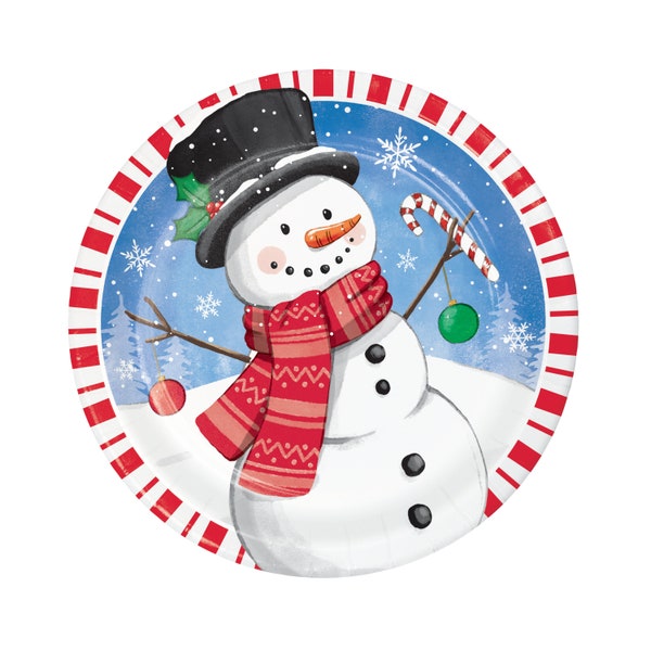 8 Candy Cane Snowman Plates 9", Christmas Paper Plates, Christmas Party, Christmas Tableware, Holiday Party, Christmas Dinner, Holiday Plate