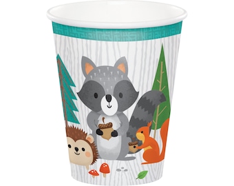 8 Woodland Paper Cups 9 oz, Wild One Cups, Forest Animal Cups, Woodland Birthday, Woodland Baby Shower, Woodland Party,  Fox Birthday Cups