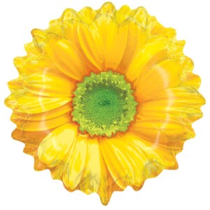 May include: A large, yellow sunflower balloon with a green center. The balloon has a detailed, realistic design, with multiple petals and a textured appearance. The edges of the balloon are scalloped.