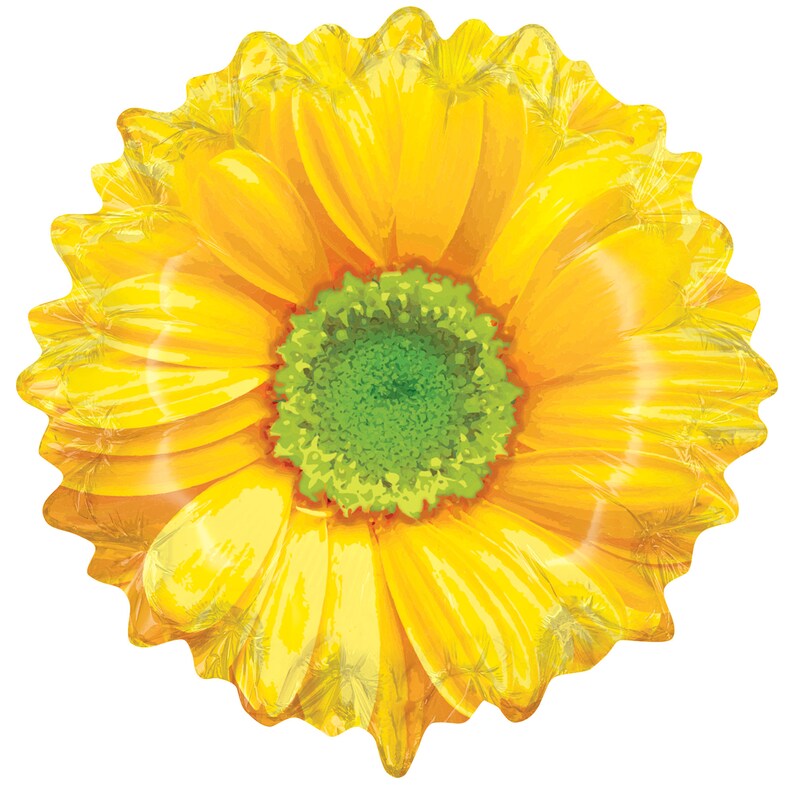 May include: A large, yellow sunflower balloon with a green center. The balloon has a detailed, realistic design, with multiple petals and a textured appearance. The edges of the balloon are scalloped.
